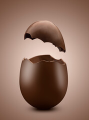 Broken chocolate easter egg on brown background