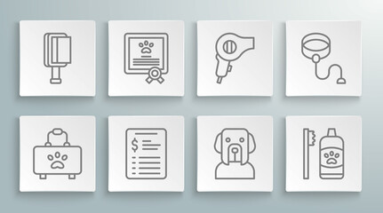 Set line Pet first aid kit, Certificate for dog or cat, Grooming salon price list, Dog, Dental hygiene pets, Hair dryer, Retractable cord leash and brush and icon. Vector