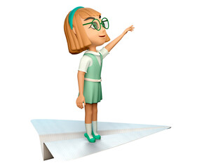 Cute little cartoon girl is standing on a paper airplane and reaching for something. 3d character render. The concept of a journey into a fairy tale. The clipart is isolated on a white background.
