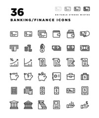 36 Banking and Financing Icons with Adjustable Stroke Widths