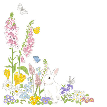Spring summer flowers butterfly cute bunny hand drawn corner frame vector illustration isolated on white. Vintage Romantic floral arrangement for Birthday, Happy Easter card design.