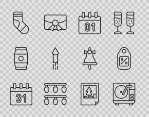 Set line Calendar, Vinyl player with vinyl disk, Christmas lights, stocking, Firework rocket, postcard and Price tag Sale icon. Vector