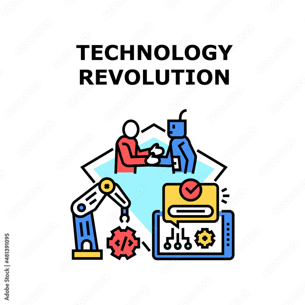 Poster technology revolution concept industry. digital robot. data science. factory smart hand vector conce