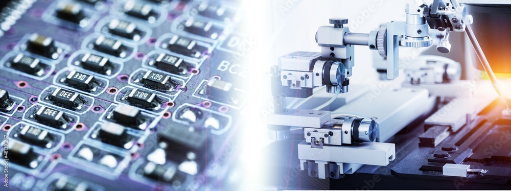 Poster soldering microprocessors under microscope. manufacturing of microprocessor transistors. manufacture