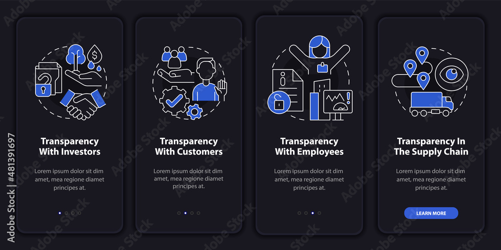Poster examples of transparency night mode onboarding mobile app screen. clarity walkthrough 4 steps graphi