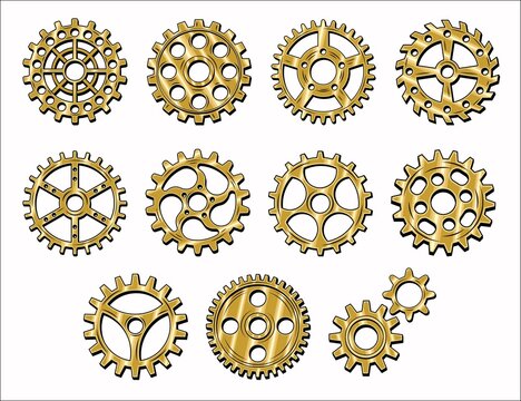 Set of gold, brass gears in retro style. Good for decoration in steampunk style. Vector.