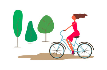 Vector illustration of young woman riding  bicycle. Flat cartoon character. Isolated on white. Healthy lifestyle concept. 