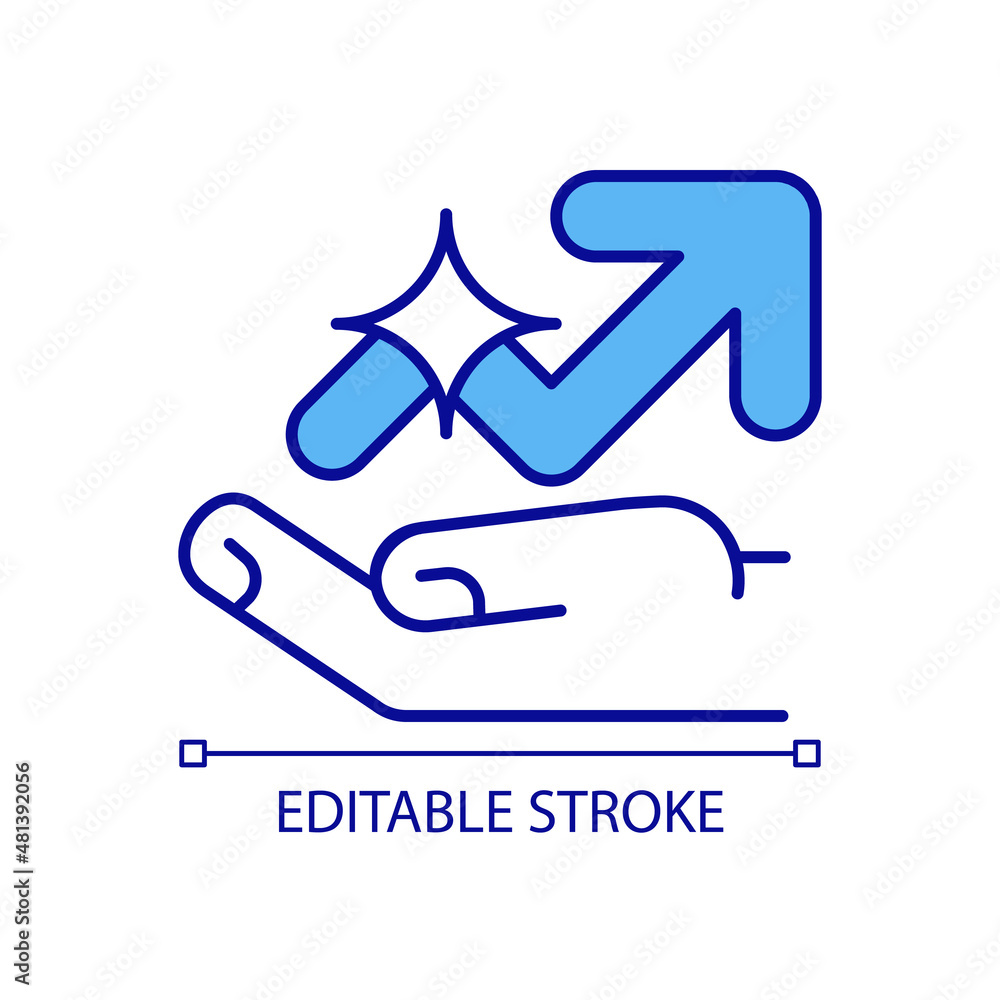 Aufkleber development support rgb color icon. hand with rising arrow. business assistance. growth and motivati