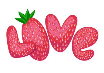 Inscription "Love".  Cute cartoon-style lettering on white  background. Strawberry style