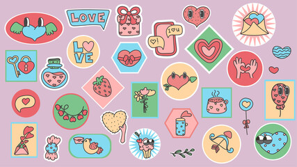 Set of Various Patches, pins, stamps or Stickers. Set of vector love icon sticker. funny cute comic Characters.