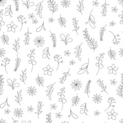 Floral and leaves seamless pattern. Hand drawn linear and silhouette flowers, branches, leaves textures. Cute flower patterns. elegant template for fashionable printers. 