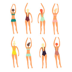 Set of different swimming women. Retro style. Hand drawn. Vector illustration.