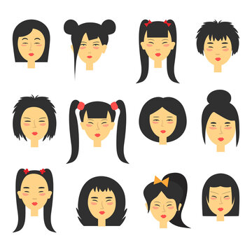 Set With Different Female Avatars. Various Hair Styles, Various Facial Emotions. Asian Faces. Vector Illustration. Isolated on White.