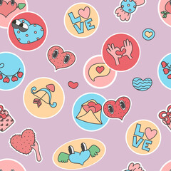 seamless pattern Various Patches, pins, stamps or Stickers.  Funny cute  comic Characters.  love, valentenes day background. Hand drawn trendy Vector illustration. Cartoon style.  