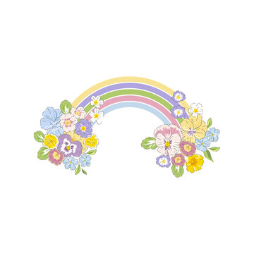 Variety Spring Garden flowers and Rainbow vector illustration isolated on white. Vintage Romantic floral arrangement for wedding invitation, Birthday, Mothers Day, Woman Day, Happy Easter card design.