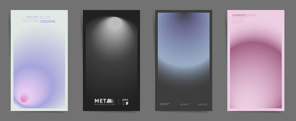 Gradient aesthetic art modern story cover design collection. Social post or stories template set layouts with blurred digital gradient. Vector science, x-ray a4 background. Black, white, pink colors.