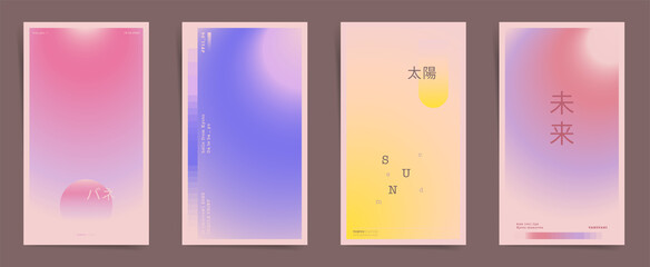Fototapeta premium Fashion aesthetics modern art story cover design. Social media stories post template with blurry gradient. Japanese future gradient layout template design set for poster, post and banners. Vector.
