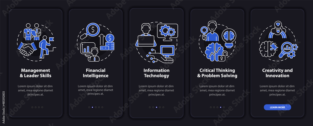 Poster skills for management night mode onboarding mobile app screen. walkthrough 5 steps graphic instructi