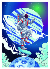 Fototapeta premium astronaut playing skateboard in space illustration