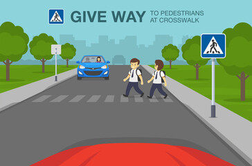 Safety car driving and traffic regulating rules. Cars stopped at  crosswalk. Traffic or road sign indicates pedestrian crossing. Give way to pedestrians. Flat vector illustration template.
