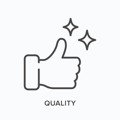 Quality flat line icon. Vector outline illustration of thumb up. Black thin linear pictogram for approve gesture - obrazy, fototapety, plakaty