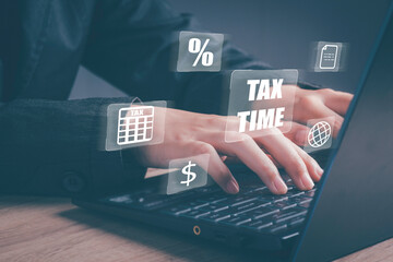 TAX time, Calculation tax return, state taxes, tax payment concepts. Person or businessman using the laptop to fill in the income tax online return for tax payment virtual screen.