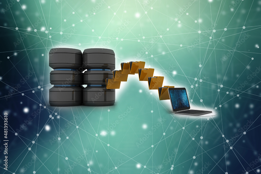 Poster 3d rendering database storage data base with cloud folder storage in laptop
