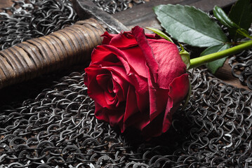 Red rose flower and knight sword on the black table background close up.