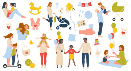 Fototapeta premium Parents and kids spend fun time together set vector illustration. Cartoon mother and boy ride scooter, father hugging child, mom walking with baby in stroller isolated on white. Happy family concept
