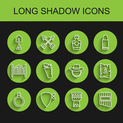 Set line Canteen water bottle, Cowboy bandana, Shovel, Drum, Pan flute, Revolver gun in holster, Wanted western poster and Western cowboy hat icon. Vector