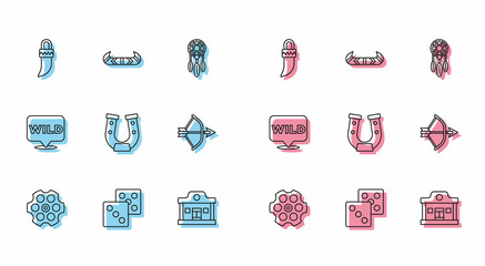 Set line Revolver cylinder, Game dice, Tooth, Wild west saloon, Horseshoe, Bow and arrow quiver, Pointer to wild and Kayak canoe paddle icon. Vector