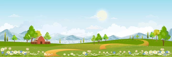 Schilderijen op glas Lente landschap in dorp met groen veld en zonsondergang, Vector platte cartoon landelijke landbouwgrond met bergen en bos, roze en blauwe lucht, natuurlijke scène op het platteland, Panorama uitzicht op zonnige dag zomer © Anchalee