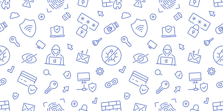 Cybersecurity blue seamless pattern. Vector on white background included line icons as outline hacker, fingerprint, shield, phishing, computer, laptop, shield, network pictogram for digital safety