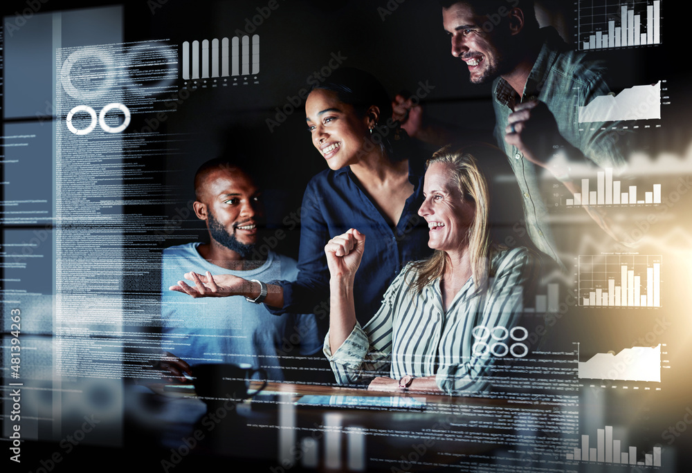 Canvas Prints We totally cracked it. Shot of a group of programmers working together on a computer code at night.