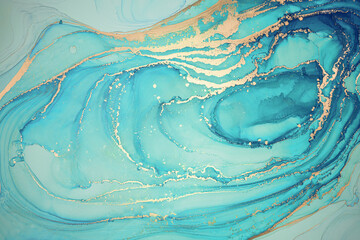 Abstract fluid art painting background in alcohol ink technique, mixture of  turquoise and blue paints. Transparent overlayers of ink create glowing golden veins and gradients. - 481394440