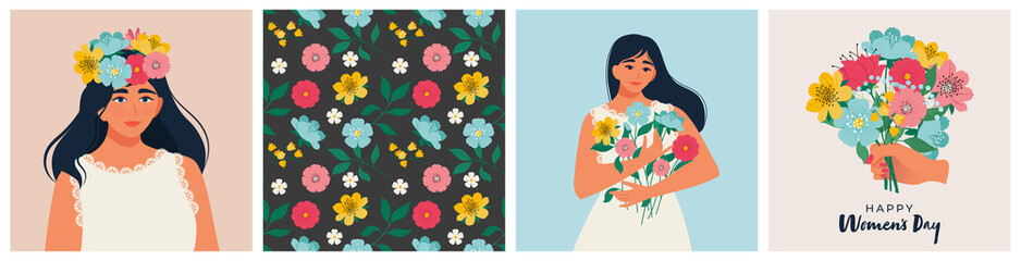 Spring set with pretty woman, blossom flowers, pattern, Women’s Day greeting card. Vector illustration in flat style