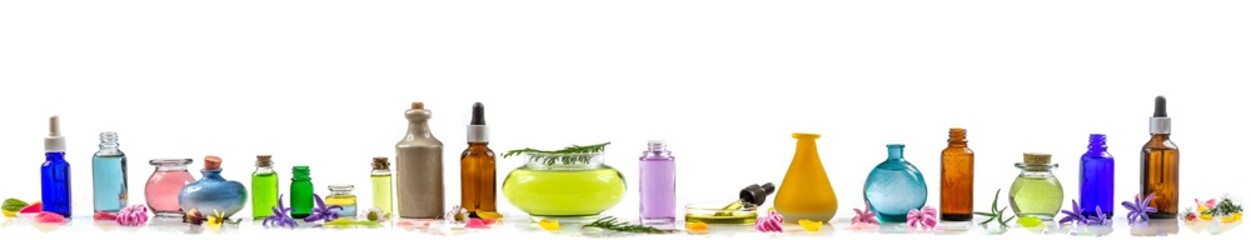 Fototapeta na wymiar Panoramic of essential oils aligned macerates