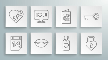 Set line Calendar with February 14, Speech bubble I love you, Smiling lips, Heart tag, Castle the shape of heart, Valentines day party flyer, Key and Candy shaped box icon. Vector