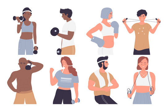 Healthy sport exercises of athlete people isolated set vector illustration. Cartoon adult woman man characters training with dumbbells kettlebell for body health, happy kid holding tennis racket