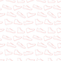 Red sneakers shoes vector background seamless repeating pattern. Men and women sport footwear. Thin line style. Editable template.