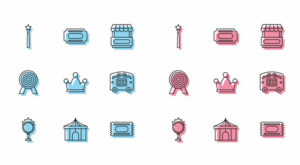 Set line Circus fire hoop, tent, Magic wand, ticket, Jester hat with bells, wagon, Target and icon. Vector