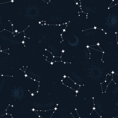 Trendy astrology seamless pattern, zodiac background hand drawn, stars, moon, space, great for textiles, wallpapers, surfaces - vector design © TALVA