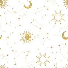 Trendy astrology seamless pattern, zodiac background hand drawn, stars, moon, space, great for textiles, wallpapers, surfaces - vector design © TALVA