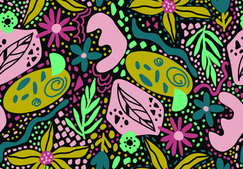 Fototapeta premium Abstract Hand Drawing Flowers Leaves Geometric Shapes Dots Doodle Seamless Zentangle Vector Pattern