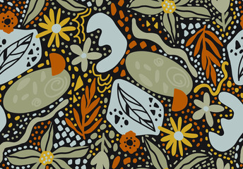 Abstract Hand Drawing Flowers Leaves Geometric Shapes Dots Doodle Seamless Zentangle Vector Pattern