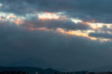 the Sainte Victoire mountain in the light of a cloudy morning in winter