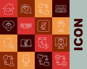 Set line Project team base, Online working, Web camera, Heart with text, Video Off home and Mute microphone icon. Vector