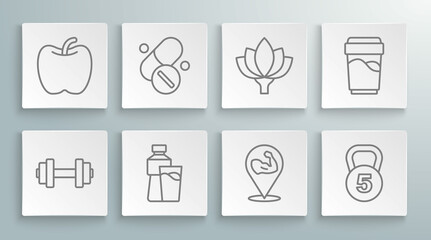 Set line Dumbbell, Vitamin pill, Bottle of water with glass, Bodybuilder muscle, Weight, Lotus flower, Glass and Apple icon. Vector