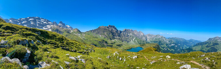 Fototapeta premium Panorama of Engelberg valley and Trübsee lake