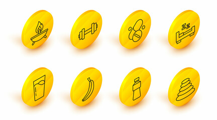 Set line Stack hot stones, Bottle of water, Banana, Glass with, Time sleep, Vitamin pill, Dumbbell and Aroma candle icon. Vector